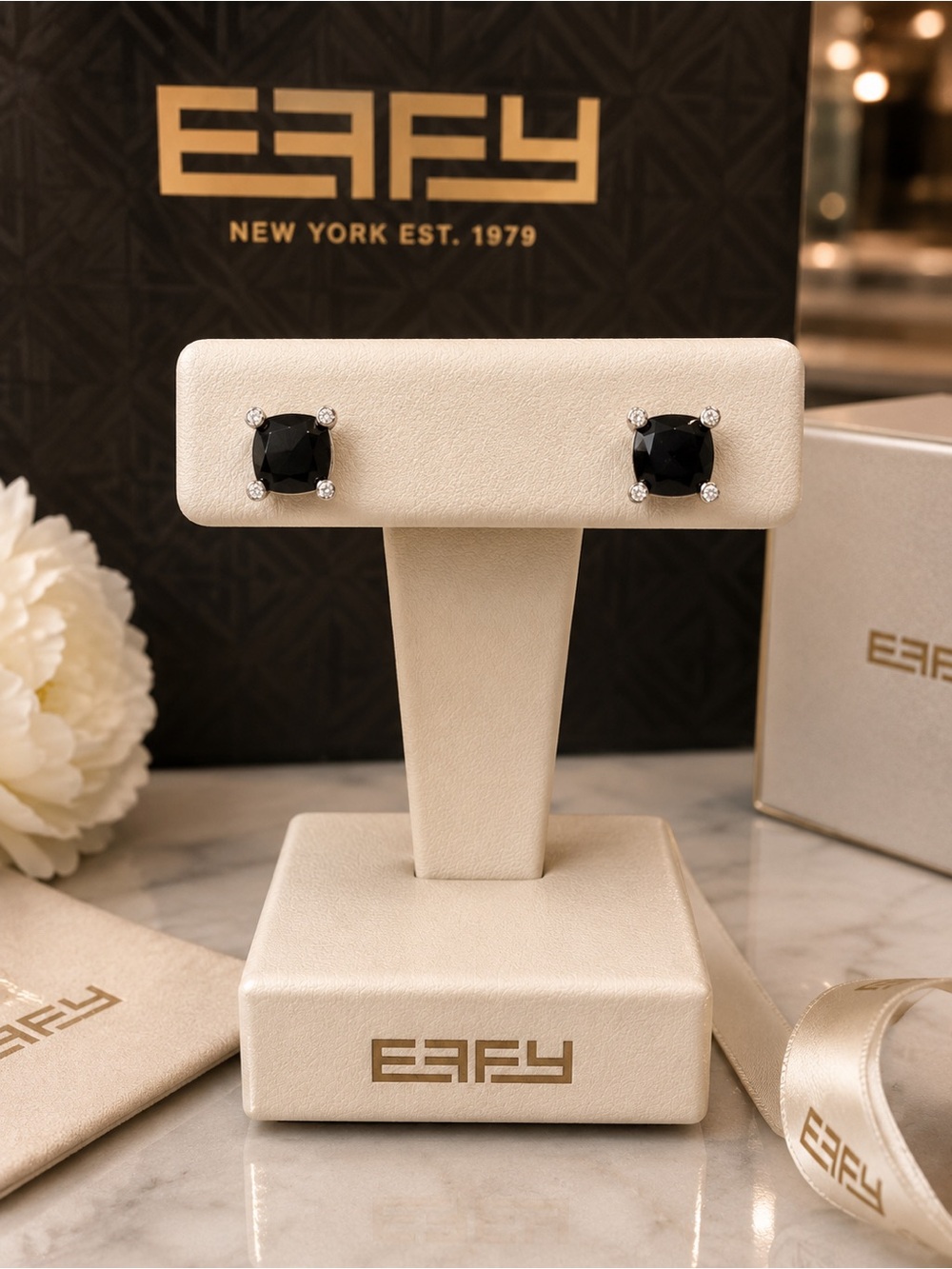 Effy 925 sterling silver Diamond onyx stud cable Earrings NEW/Gift